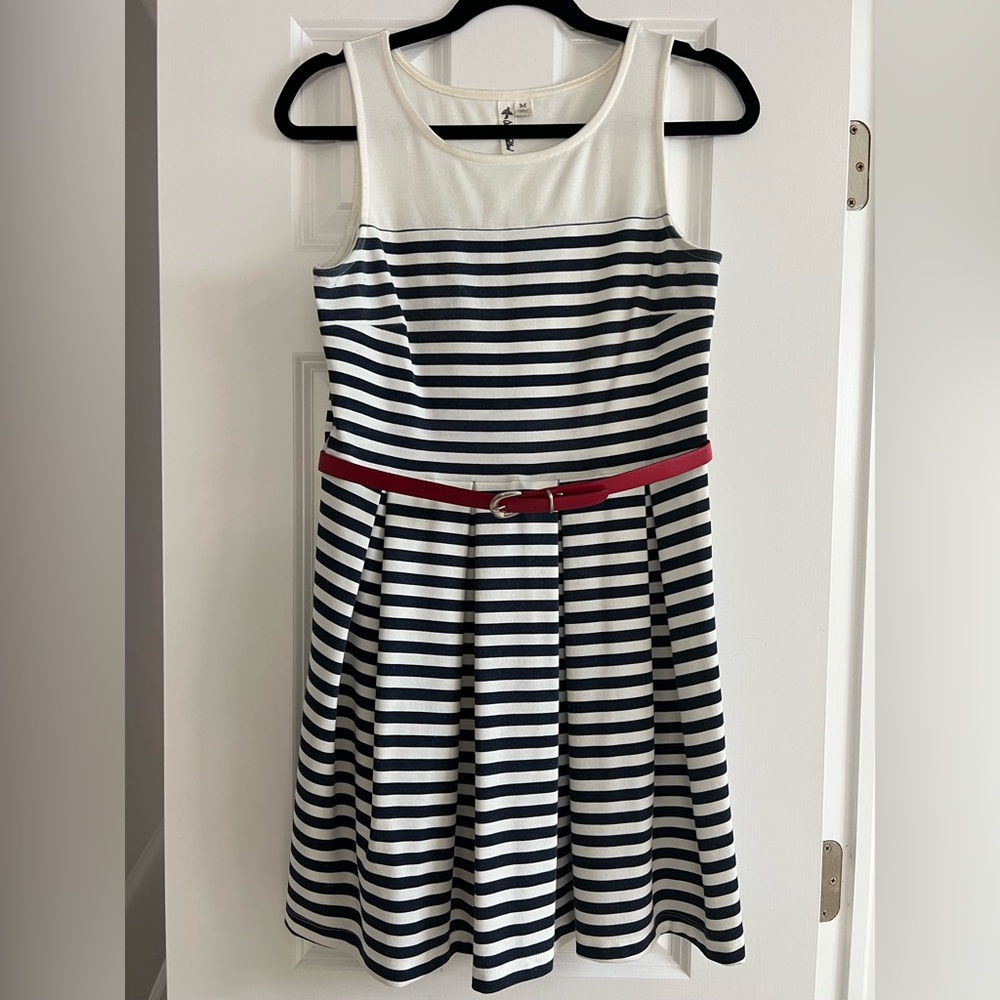Others Follow Striped Navy and White Dress with Red Belt - M